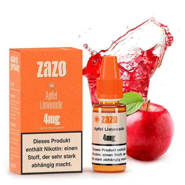 ZAZO Neo Apfel-Limonade 4mg Liquid 10ml, Flasche und Verpackung mit orangem Design und Apfelmotiv