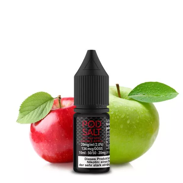 PodSalt Double Apple 10ml Nikotinsalz-Liquid, schwarze Flasche mit rotem und grünem Apfel im Hintergrund