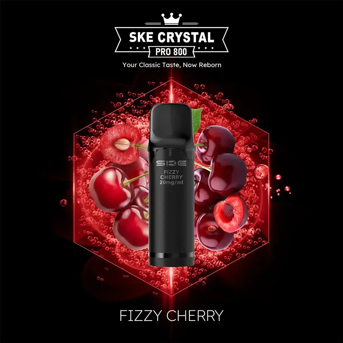 SKE Crystal 800 Pro Prefilled Pod Fizzy Cherry – schwarzer Pod vor roten Kirschen