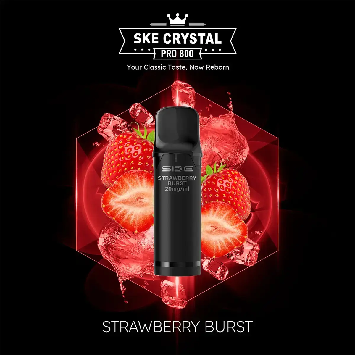 SKE Crystal 800 Pro Prefilled Pod Strawberry Burst – schwarzer Pod vor rotem Erdbeer-Hintergrund