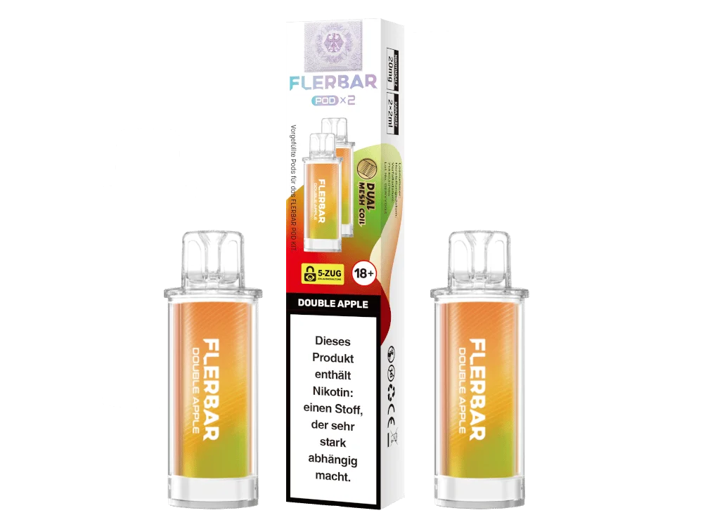Flerbar Prefilled Pod Double Apple 2er-Pack, zwei transparente Pods mit farbiger Verpackung