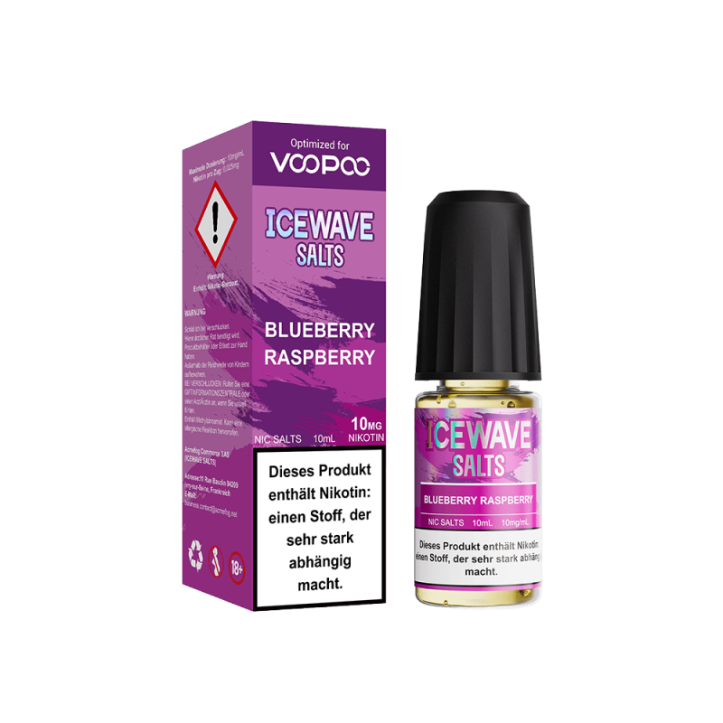 Icewave Salts Blueberry Raspberry 10ml Nikotinsalz-Liquid – violette Schachtel mit Flasche, Vorder- und Seitenansicht