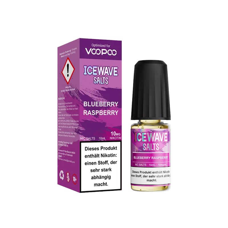 WAV306_800x800.png?ts=1763551974 Icewave Salts Blueberry Raspberry 10ml Nikotinsalz-Liquid – violette Schachtel mit Flasche, Vorder- und Seitenansicht