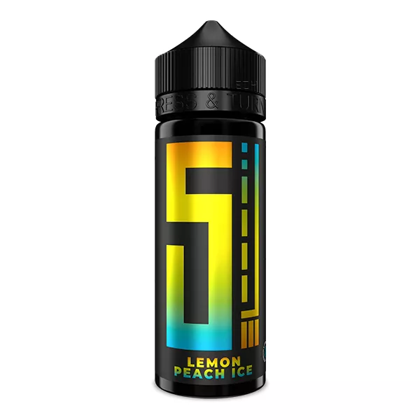 5 Elements Lemon Peach Ice Longfill 120ml schwarze Flasche mit farbigem Label, freigestellt auf weißem Hintergrund