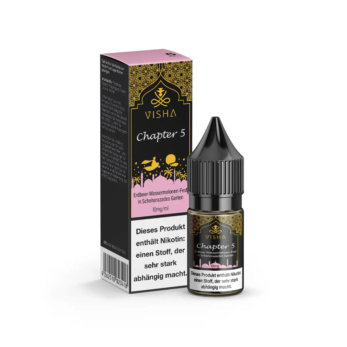 Visha Chapter 5 Nikotinsalz-Liquid 10ml – Flasche mit rosa-goldener Verpackung neben der Box