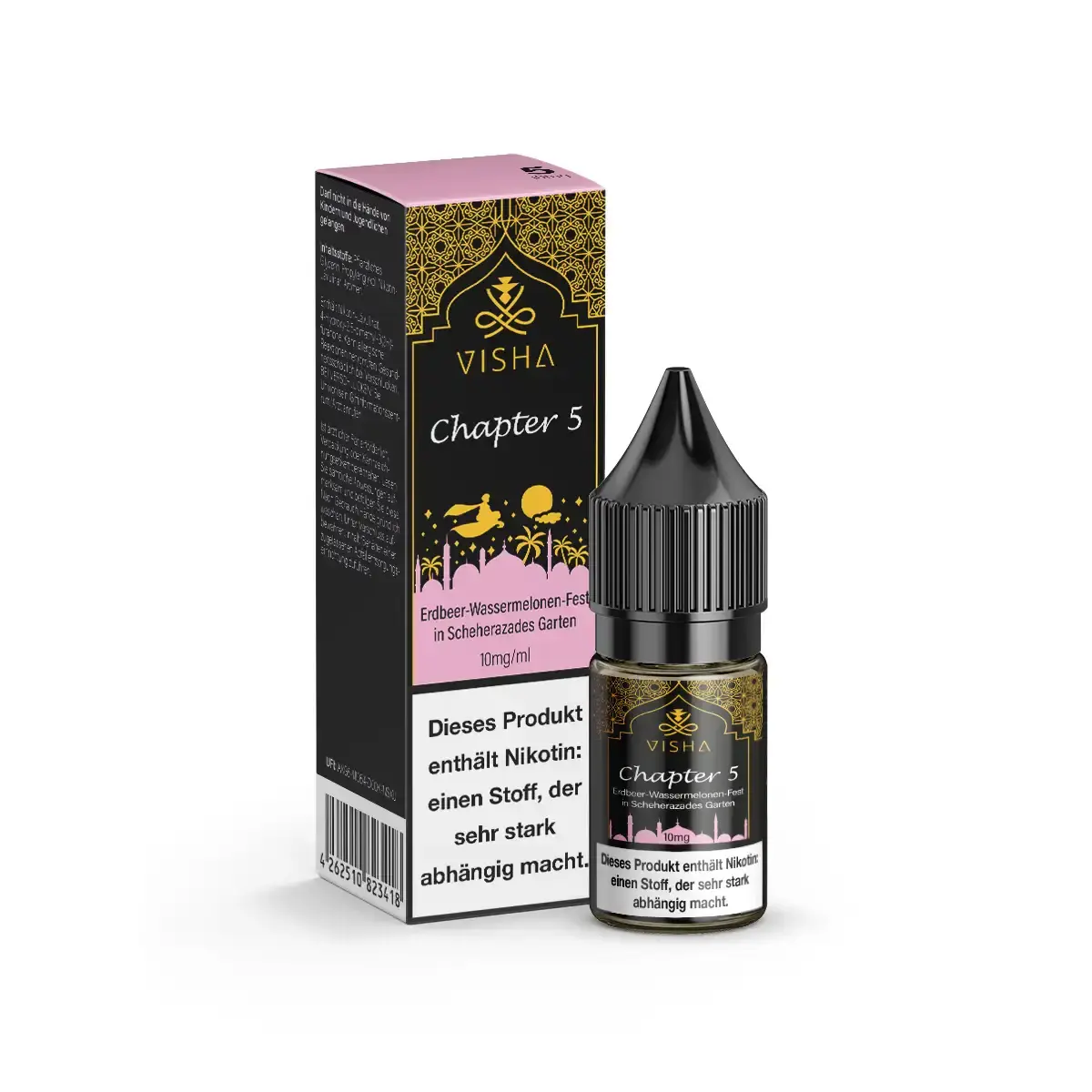 visha-chapter-5-nikotinsalz-10ml-10mg-ml-steuerware.png Visha Chapter 5 Nikotinsalz-Liquid 10ml – Flasche mit rosa-goldener Verpackung neben der Box