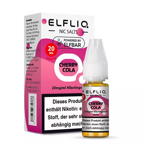 Elfliq Cherry Cola Nikotinsalz-Liquid 10ml, 20mg Flasche mit ELFLIQ Nic Salts Etikett, Vorderseite
