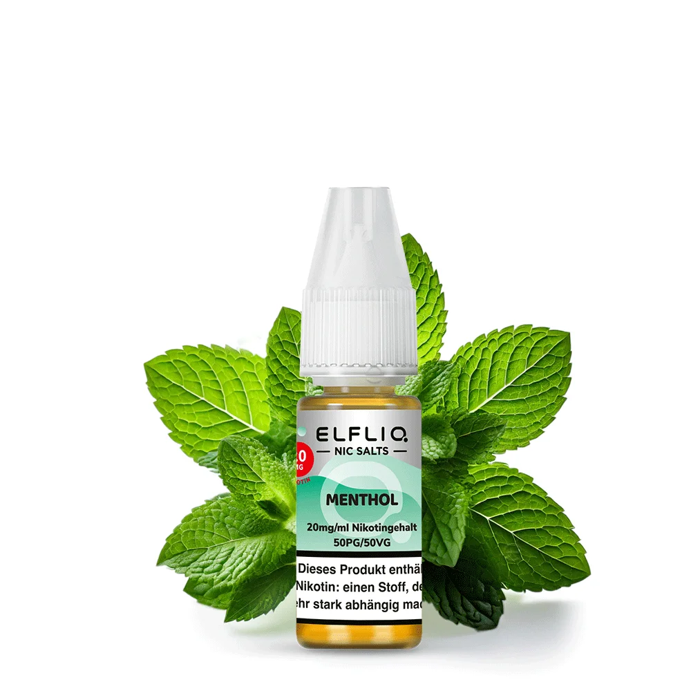 Elfbar Elfliq Menthol Nikotinsalz-Liquid 10ml Flasche mit grünem Etikett vor frischen Minzblättern