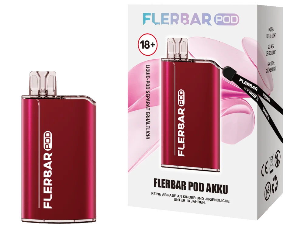 flerbar-pod-akku-rot-1000x750.png Flerbar Basisgerät in Rot mit passender Verpackungsbox, kompaktes Pod-System mit Lanyard