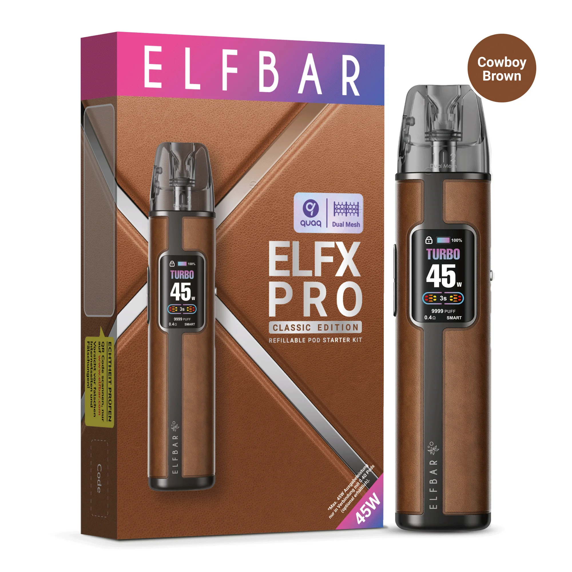 Elfbar ELFX Pro Refillable Kit in Cowboy Brown mit Pod und Verpackung, 45W Komplett-Set