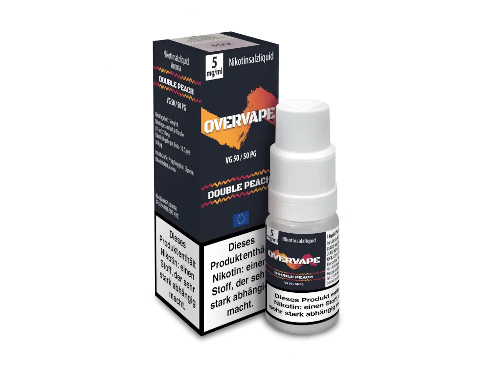 Overvape Double Peach Nikotinsalz-Liquid 10ml – Flasche und dunkle Verpackungsbox mit orangefarbenen Akzenten