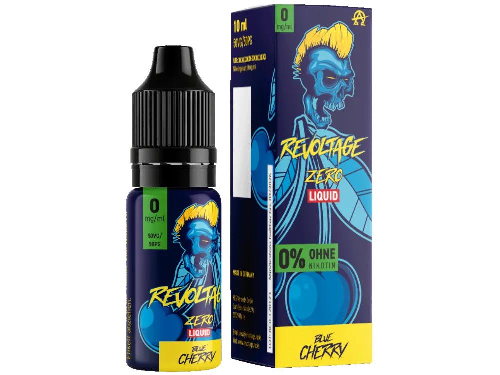 Revoltage Blue Cherry 10ml Nikotinsalz-Liquid – blaue Flasche mit Verpackungskarton und Punk-Charakter-Motiv