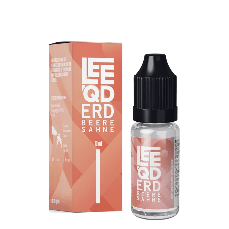 LEEQD Crazy Erdbeere Sahne 10ml Liquid – Nahaufnahme der 10ml Flasche mit lachsfarbener Faltschachtel