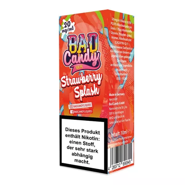Bad Candy Strawberry Splash Nikotinsalz-Liquid 10ml Flasche, seitliche Ansicht mit Beipackzettel