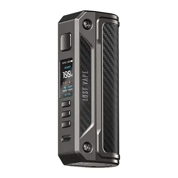 Lost Vape Thelema Solo 100W Mod Akkuträger in Dunkelgrau mit Carbon-Seitenpanel, Frontansicht
