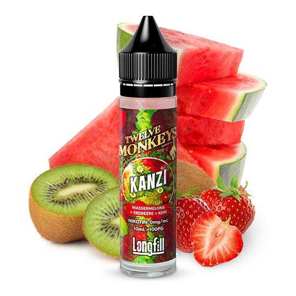 Twelve Monkeys Kanzi Longfill 50ml Flasche umgeben von Wassermelone, Kiwi und Erdbeere