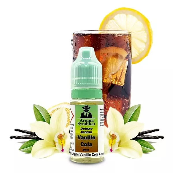 Aroma Syndikat Deluxe Vanille Cola Aroma 10ml – kleine Flasche mit Cola-Glas, Zitrone und Vanilleblüten im Hintergrund