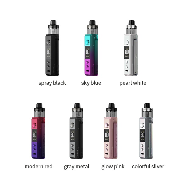 VooPoo Drag X2 Pod Kit E-Zigarette Farbübersicht: Spray Black, Sky Blue, Pearl White, Modern Red, Gray Metal, Glow Pink, Colorful Silver