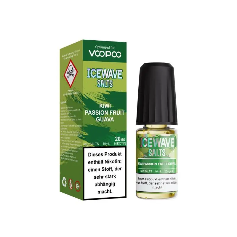 Icewave Salts Kiwi Passion Fruit Guava 10ml Nikotinsalz-Liquid – grüne Verpackung mit Flasche, Frontansicht ohne Schachtel