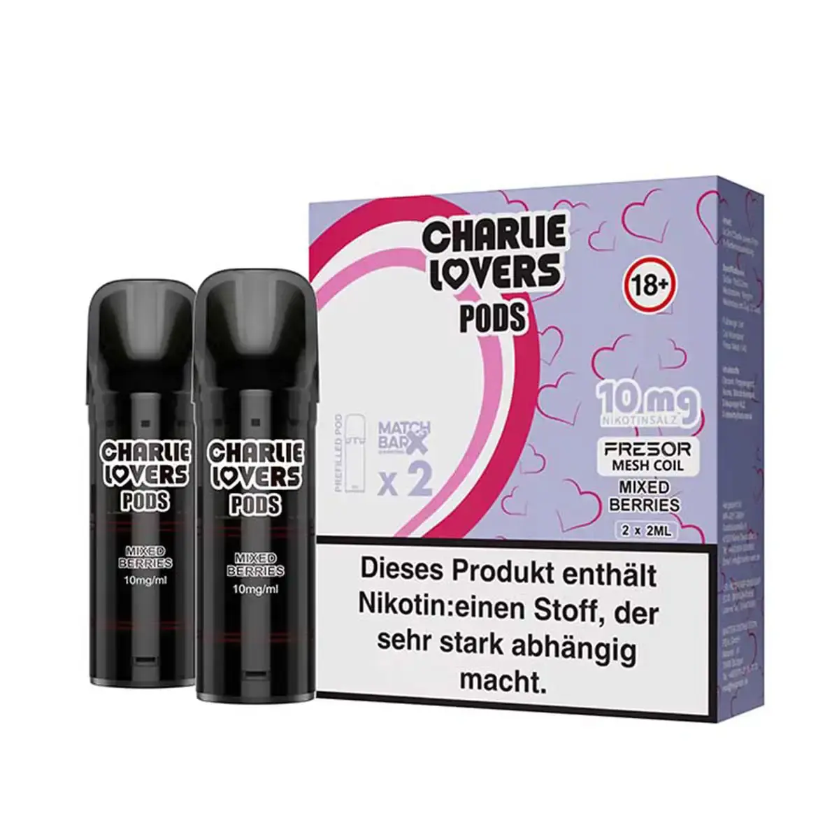 Charlie Lovers Prefilled Pod Mixed Berries 10mg – 2er-Pack in lila Verpackung mit zwei schwarzen Pods