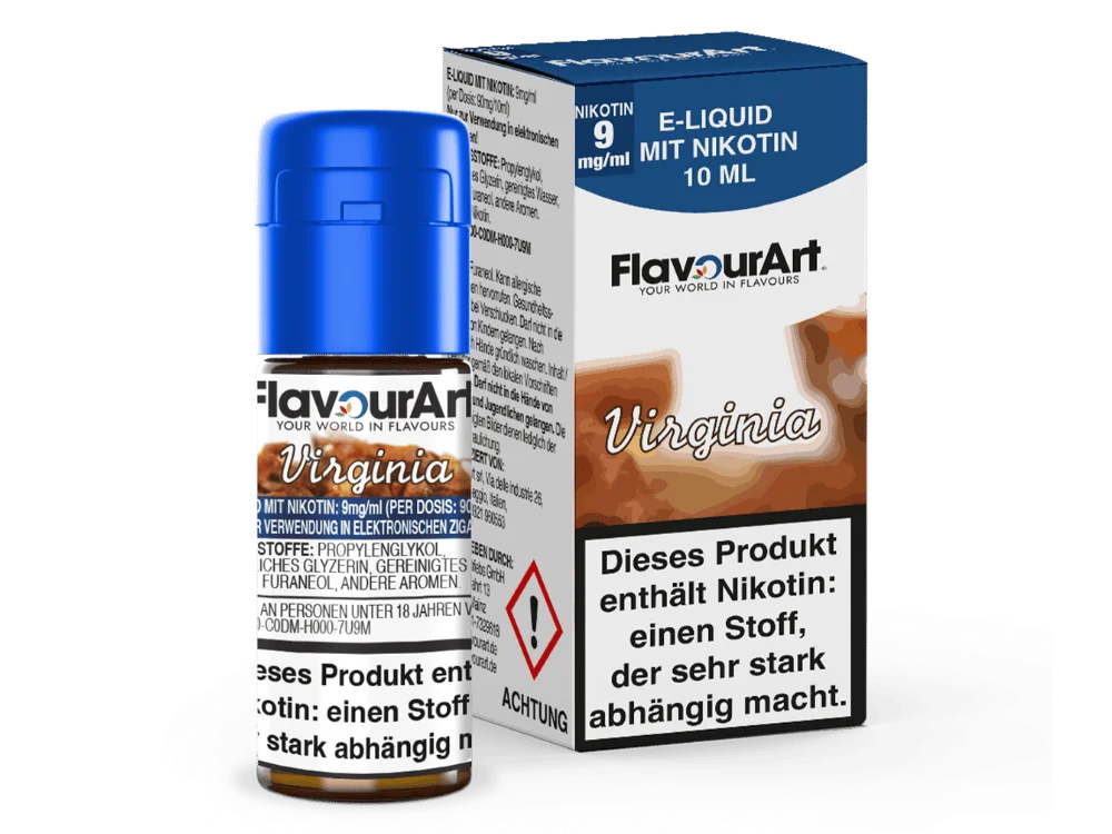 Flavourart Virginia 10ml eLiquid 9mg/ml, blaue Box mit Flasche, Tabak-Aroma Vorderansicht