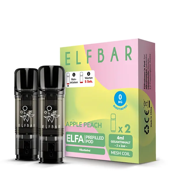 elfbar-elfa-apple-peach-5.jpg Elfbar Elfa Prefilled Pod Apple Peach 0mg – 2er-Pack in Verpackung, zwei schwarze Pods sichtbar