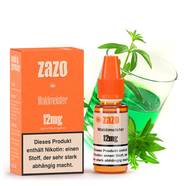 ZAZO Classics Waldmeister 10ml Liquid 12mg – Packshot mit Flasche und oranger Box, Waldmeister-Darstellung