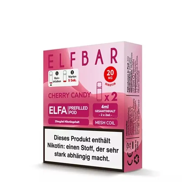 Elfbar Elfa Pods Cherry Candy 20mg/ml im 2er Pack, pinke Verpackung mit zwei vorgefüllten Pods