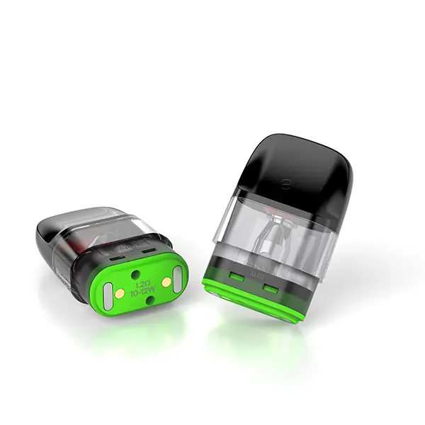 3x Oxva Xlim EZ Ersatz-Pod in Schwarz-Grün, zwei Pods von schräg oben mit grünen Kontakten