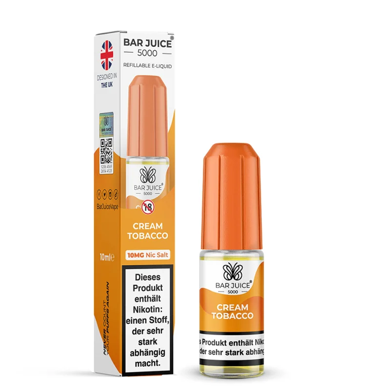 Bar Juice 5000 Cream Tobacco 10ml Nikotinsalz-Liquid – braun-goldene Flasche mit Verpackung