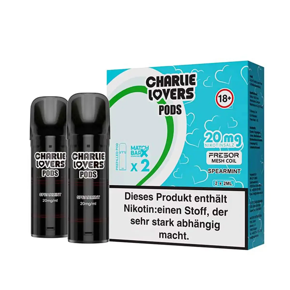 Charlie Lovers Prefilled Pod Spearmint 2er-Pack mit türkis-weißer Verpackung und zwei grauen Pods, 20 mg