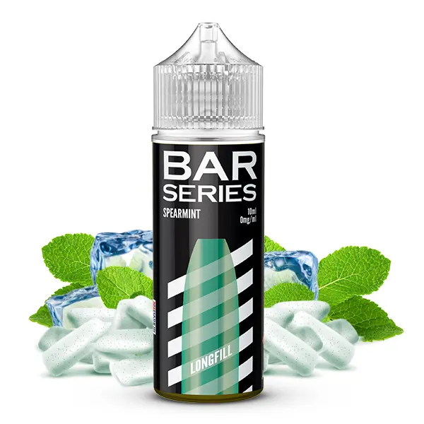 Vampire Vape Bar Series Spearmint Longfill-Flasche mit blaugrünem Karomuster, Minzblätter und Eiswürfel, Frontansicht