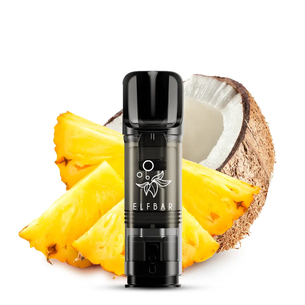 elfbar-elfa-pineapple-coconut-14r7sdcefh9BJE.jpg Elfbar Elfa Prefilled Pod Pineapple Coconut schwarzer Pod vor Ananas und Kokosnuss