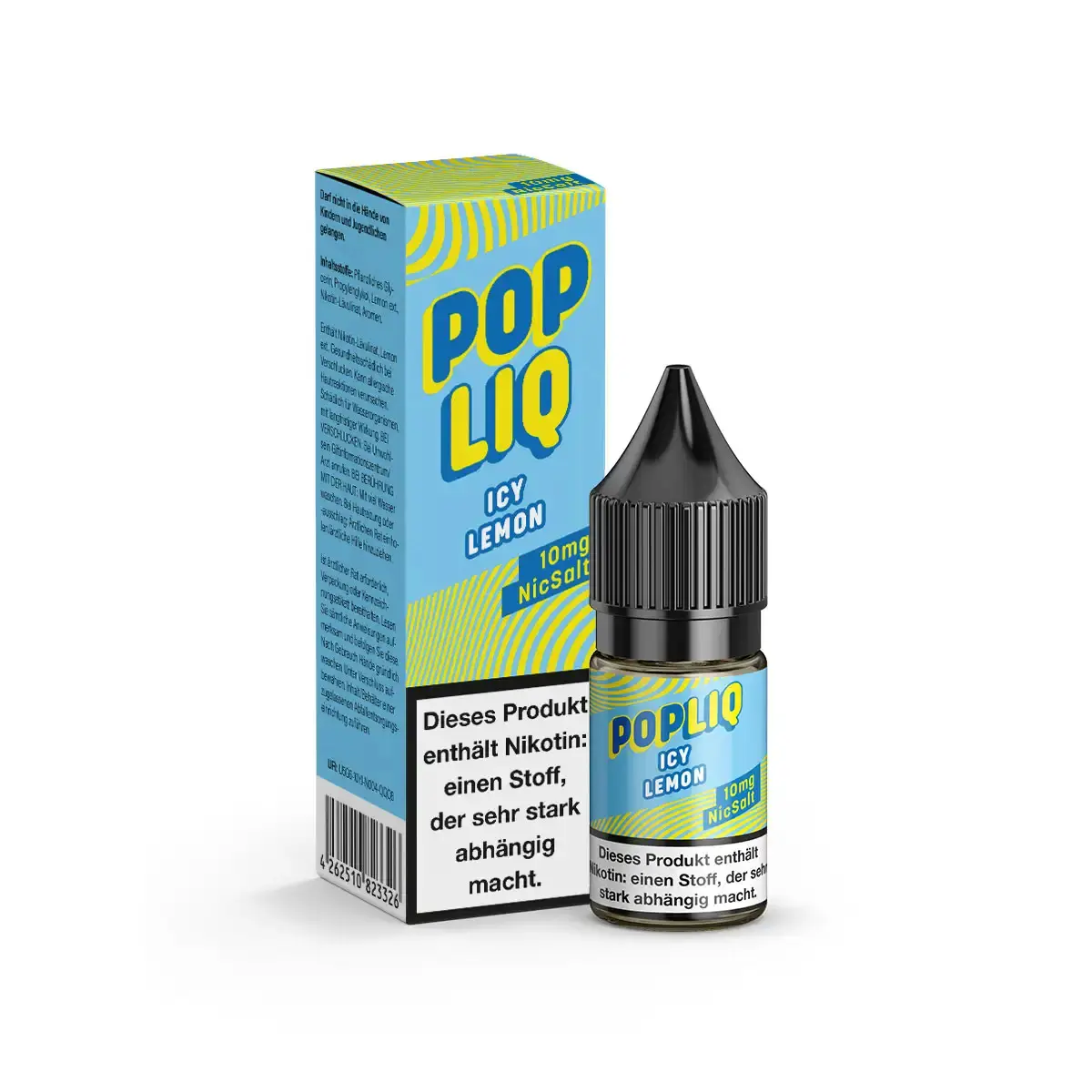 PopLiq Icy Lemon 10ml Nikotinsalz-Liquid – hellgrüne Verpackung mit Flasche, Zitronengeschmack