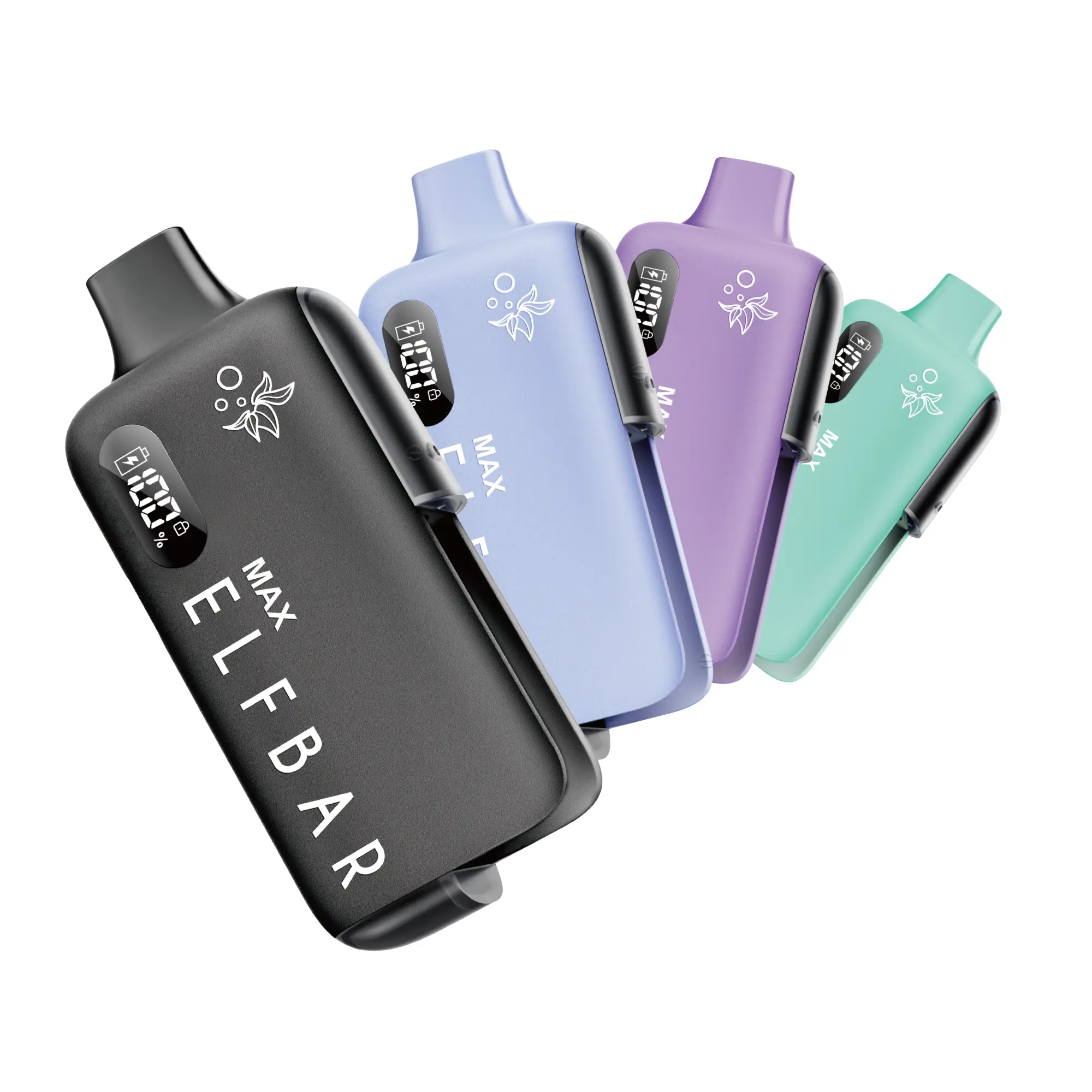 Elfbar Max Kit in vier Farben (schwarz, grau, türkis, blau) – Seitenansicht des Akkuträgers