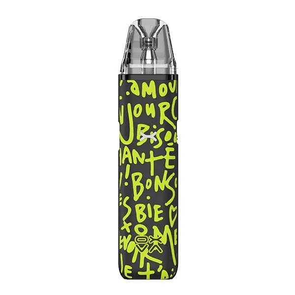 Oxva Xlim Go Pod Kit in Neongelb mit gelbem Graffiti-Schriftmuster, Frontansicht