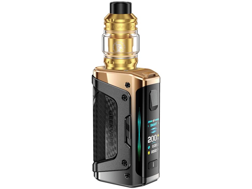 GeekVape Aegis Legend 5 Kit in Gold-Schwarz mit Verdampfer, Seitenansicht auf weißem Hintergrund