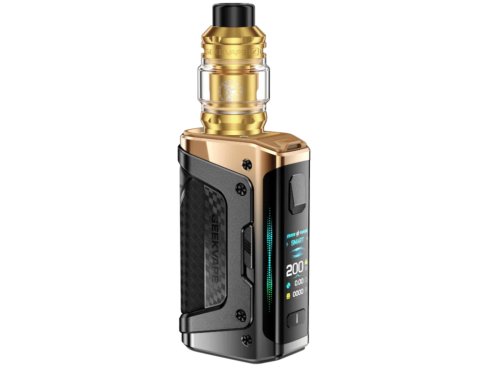 GeekVape Aegis Legend 5 Kit in Gold-Schwarz mit Verdampfer, Seitenansicht auf weißem Hintergrund