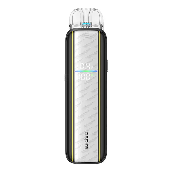 Aspire Pixo Max Pod Kit in Weiß-Gelb mit Carbon-Optik und LED-Display, Frontansicht