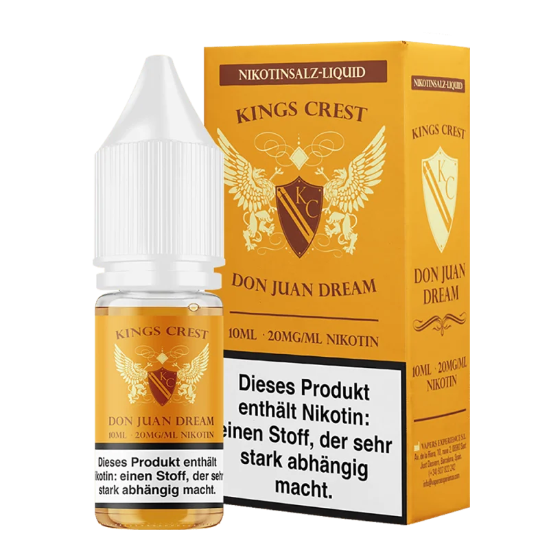Kings Crest Don Juan Dream 10ml Nikotinsalz-Liquid, goldenes Flakon mit goldenem Etikett, Frontansicht mit Warnhinweis