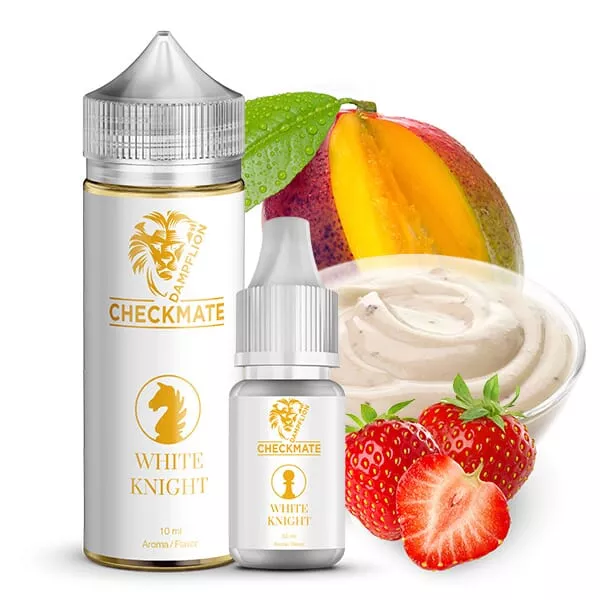 dampflion-checkmate-white-knight-aroma5b4eedcc885d5 DampfLion Checkmate White Knight Longfill 10ml Flasche mit Mango, Erdbeere und Sahne im Hintergrund
