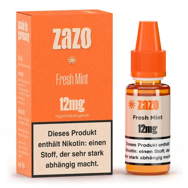source609420.jpg ZAZO Classics Fresh Mint 12mg 10ml eLiquid Flasche mit orangefarbener Verpackung, Vorder- und Rückseite