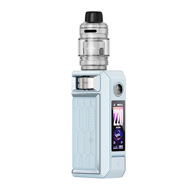 VooPoo Drag 6 Kit in Hellblau mit aufgesetztem Tank, Frontansicht mit farbigem Display