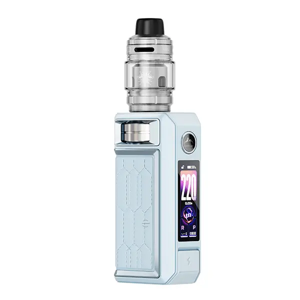 voopoo-drag-6-2.jpg VooPoo Drag 6 Kit in Hellblau mit aufgesetztem Tank, Frontansicht mit farbigem Display