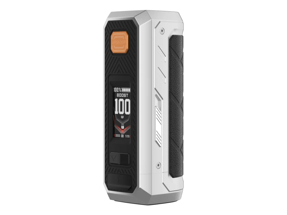 vaporesso_amour_ultra_5500_mAh_akku_titanium_silver_5_1000x750.png Vaporesso Armour Ultra Mod Akkuträger in Silber-Weiß mit orangem Akzent und OLED-Display, Frontansicht