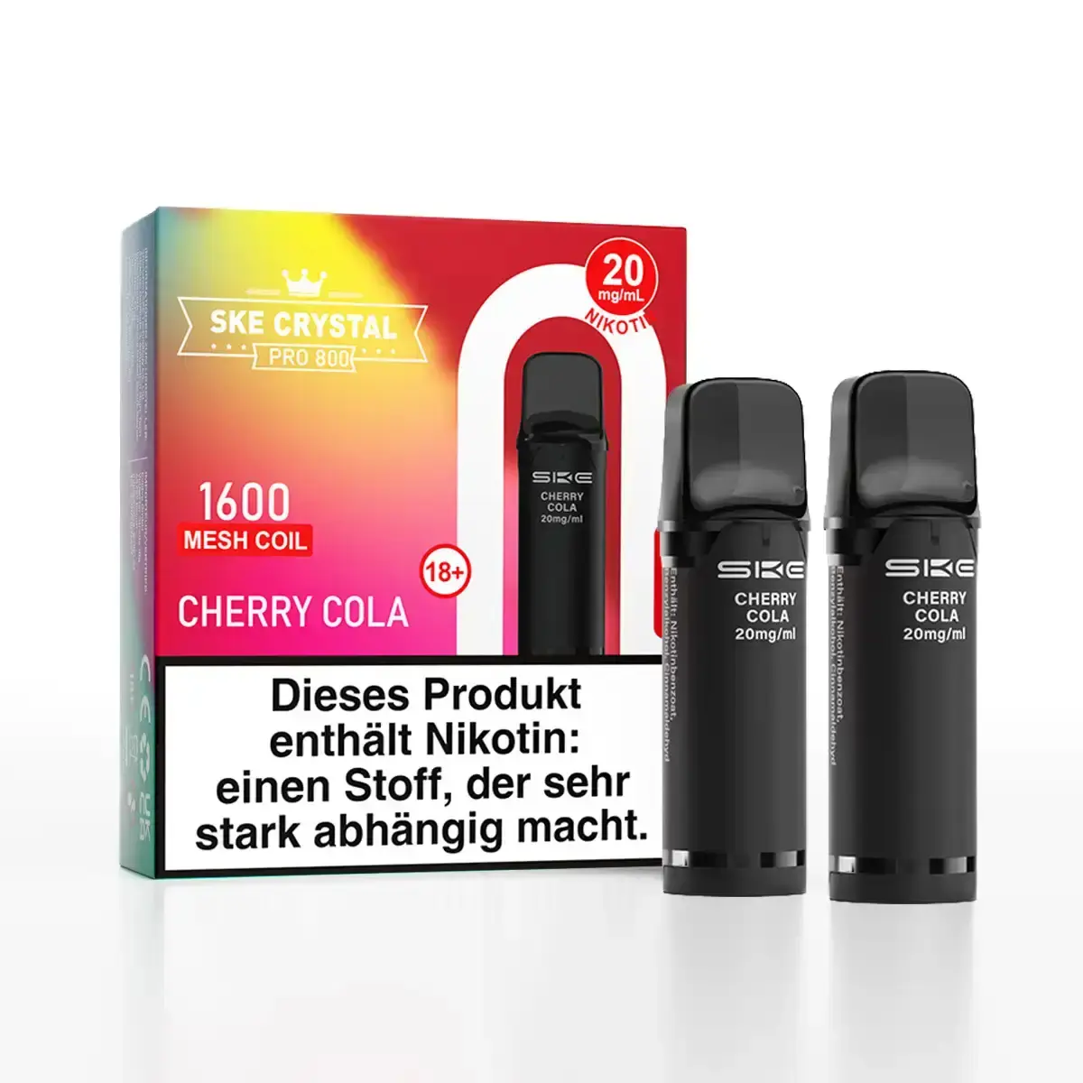 SKE Crystal 800 Pro Prefilled Pod Cherry Cola – 2er-Pack mit bunter Produktverpackung, Schachtel und zwei schwarzen Pods