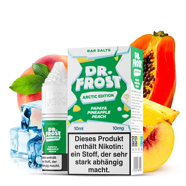 Dr. Frost Arctic Edition Papaya Pineapple Peach 10ml Nikotinsalz-Liquid – grün-gelbe Verpackung mit Papaya und Pfirsich
