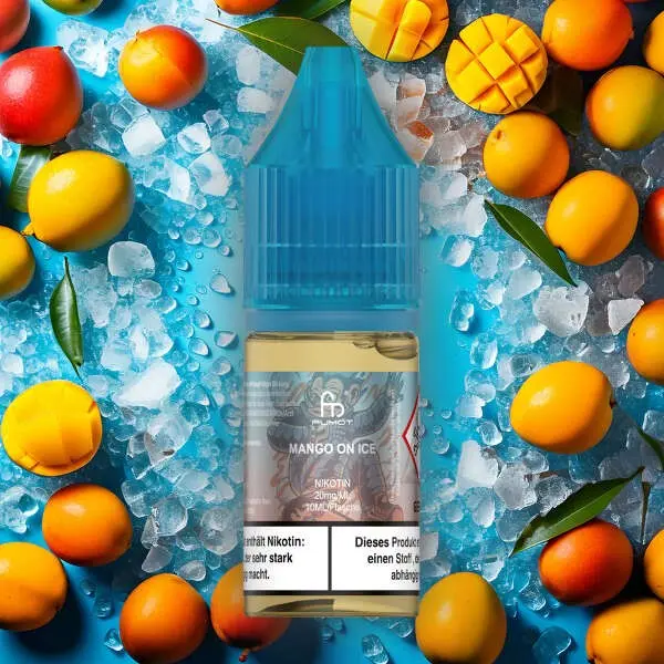 RandM Tornado - Mango On Ice - Nikotinsalz - 10ml -...-2.jpg Fumot Mango On Ice 10ml Nikotinsalz-Liquid von RandM, blaue Flasche, umgeben von Mangos und Eiswürfeln