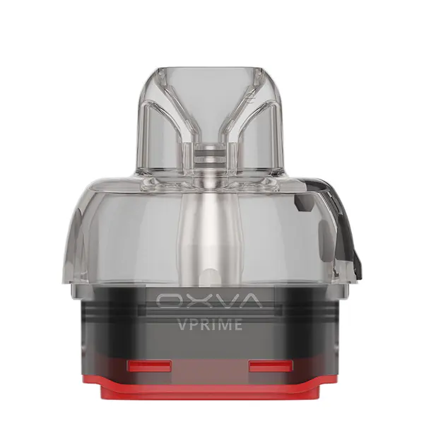 Oxva VPrime Ersatz-Pod, transparenter Tank mit rotem Sockel ohne eingesetzten Coil, Frontansicht