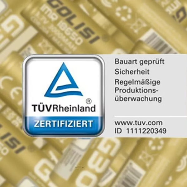 TÜV Rheinland Zertifizierungssiegel auf goldfarbenem Golisi G30 18650 Akku 3000mAh